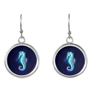 Crystal Ice Seahorse on Blue Background Earrings
