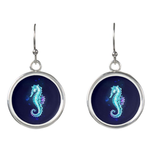Crystal Ice Seahorse on Blue Background Earrings (Front)