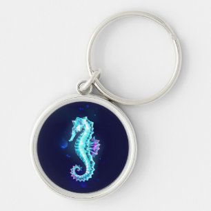 Crystal Ice Seahorse on Blue Background Keychain