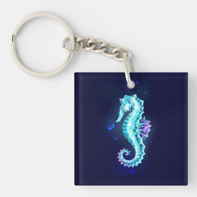 Crystal Ice Seahorse on Blue Background Keychain (Front)