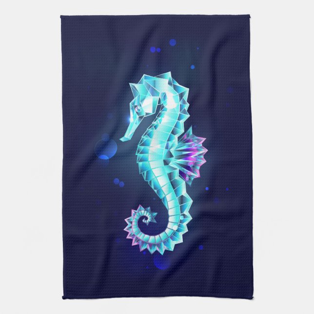 Crystal Ice Seahorse on Blue Background Kitchen Towel (Vertical)