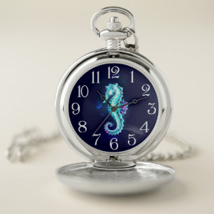 Crystal Ice Seahorse on Blue Background Pocket Watch