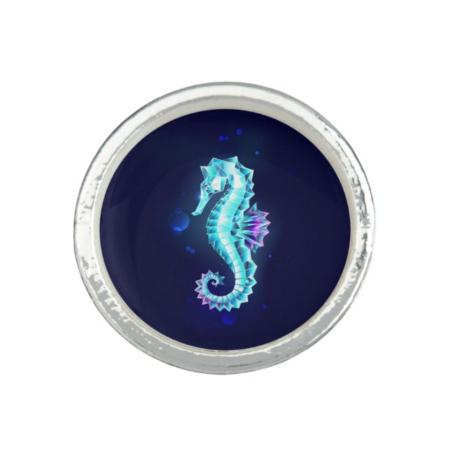 Crystal Ice Seahorse on Blue Background Ring (Front)