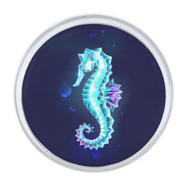 Crystal Ice Seahorse on Blue Background Silver Finish Lapel Pin (Front)