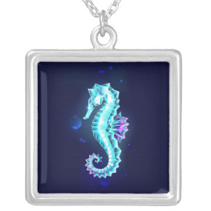 Crystal Ice Seahorse on Blue Background Silver Plated Necklace
