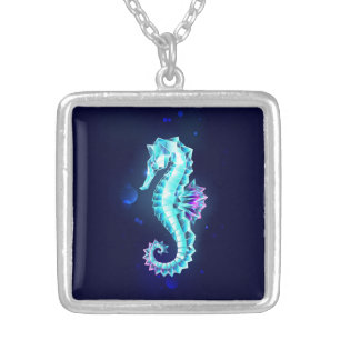 Crystal Ice Seahorse on Blue Background Silver Plated Necklace