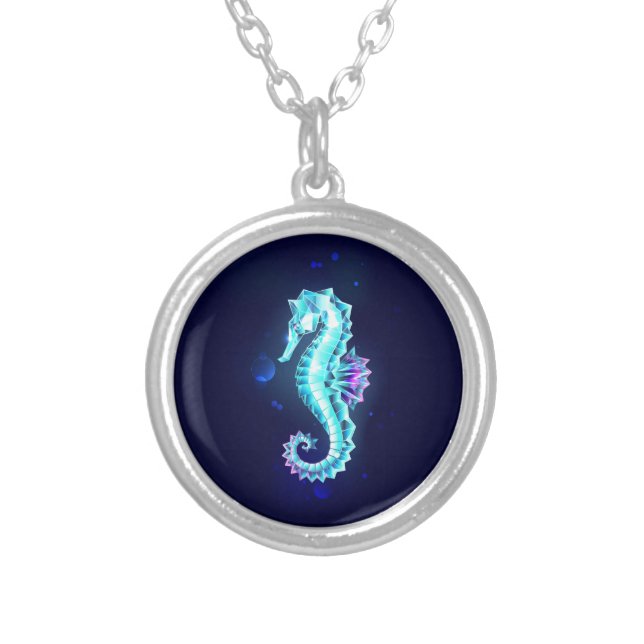 Crystal Ice Seahorse on Blue Background Silver Plated Necklace (Front)
