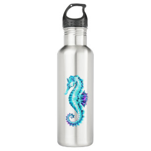 Crystal Ice Seahorse on Blue Background Stainless Steel Water Bottle