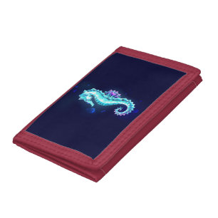 Crystal Ice Seahorse on Blue Background Tri-fold Wallet