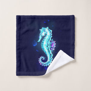 Crystal Ice Seahorse on Blue Background Wash Cloth