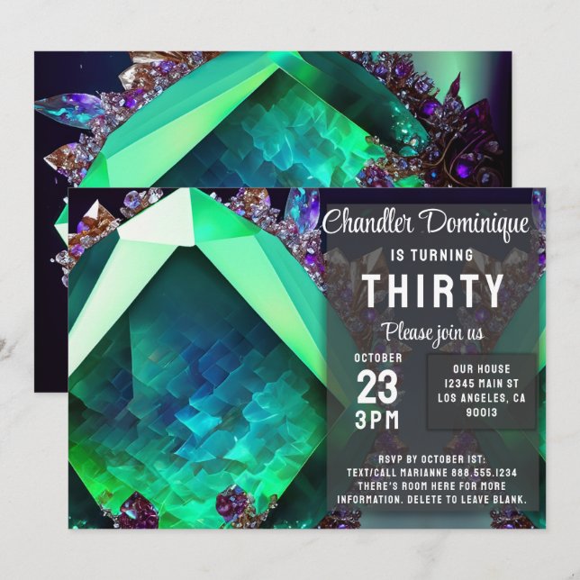 Crystal Jewel Green Emerald Gemstone May Birthday Invitation (Front/Back)