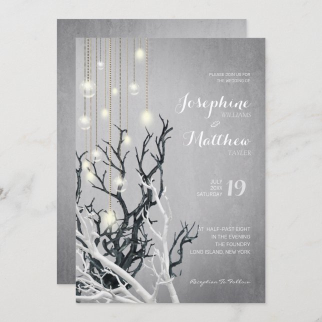 Crystal Light String White Branch Gray Wedding Invitation (Front/Back)