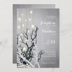 Crystal Light String White Branch Gray Wedding Invitation