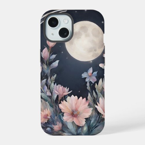 Crystal Moonlight Night with Floral iPhone 15 Case