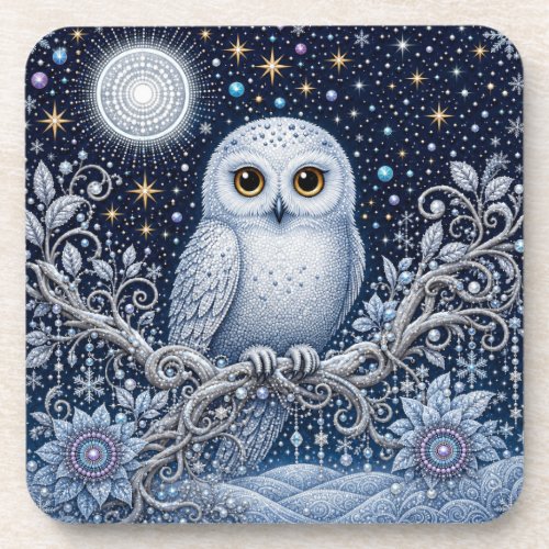 Crystal Night with Magical Snowy Owl Beverage Coaster