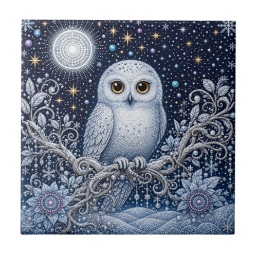 Crystal Night with Magical Snowy Owl Ceramic Tile