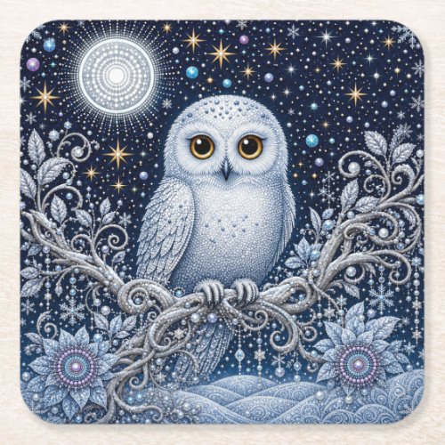 Crystal Night with Magical Snowy Owl Square Paper Coaster