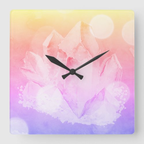 Crystal Peaceful Pink Lavender Gold Healing Vibes Square Wall Clock