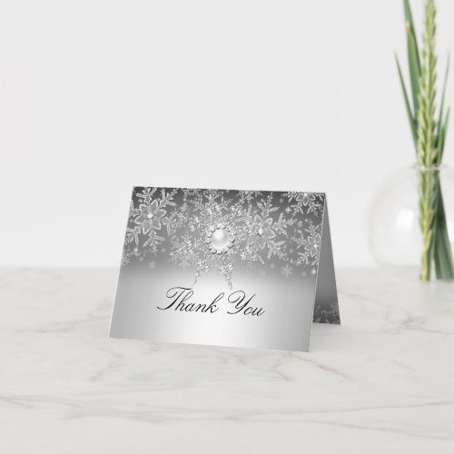 Crystal Pearl Snowflake Silver Thank You Card