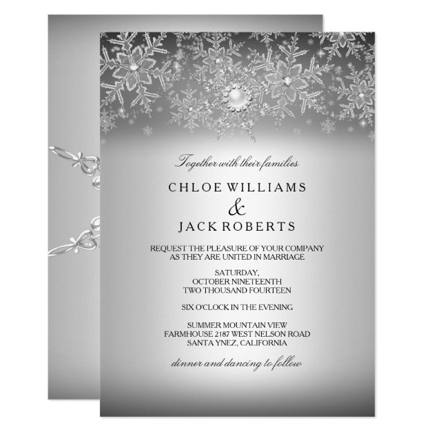 Crystal Pearl Snowflake Silver Winter Wedding Invitation