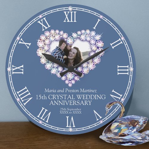 Crystal photo heart 15th wedding anniversary large clock