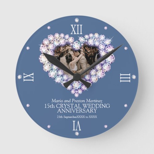 Crystal photo heart 15th wedding anniversary  round clock