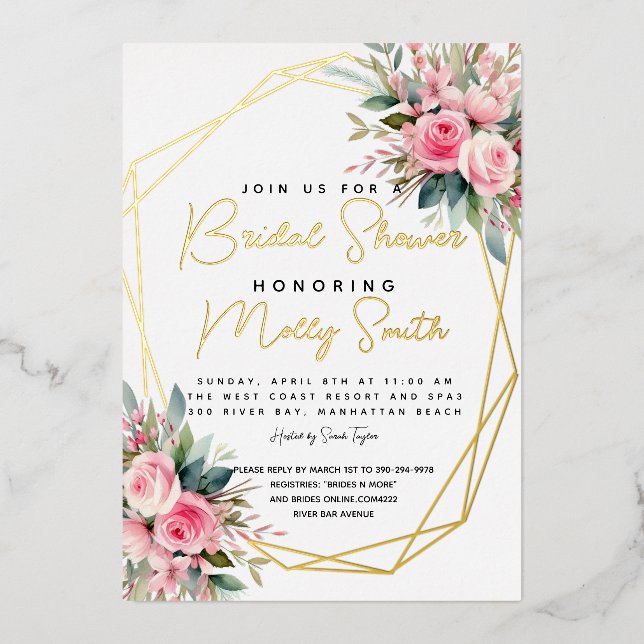Crystal Pink Peach Roses Watercolor  Bridal shower Foil Invitation (Front)