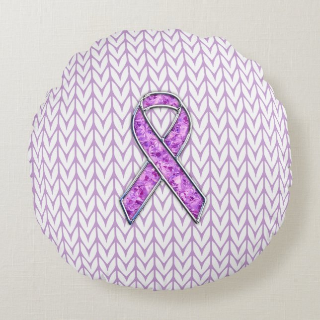 Crystal Pink Ribbon Awareness Knitting Round Pillow (Front)