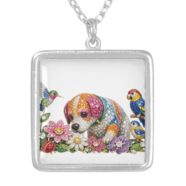 Crystal Puppy in Gem Garden Silver Plated Necklace (Front)