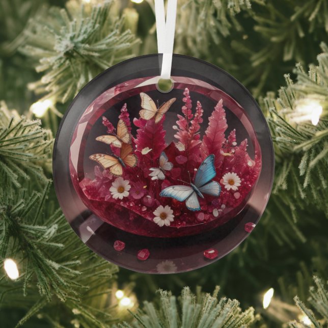 Crystal Ruby Flower Garden Butterflies Glass Ornament (Insitu)