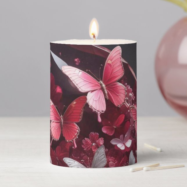 Crystal Ruby Garden Fantasy Butterflies Pillar Candle (In Situ)