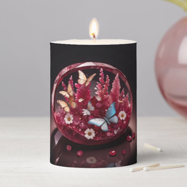 Crystal Ruby Garden Jewel Butterflies Pillar Candle (In Situ)