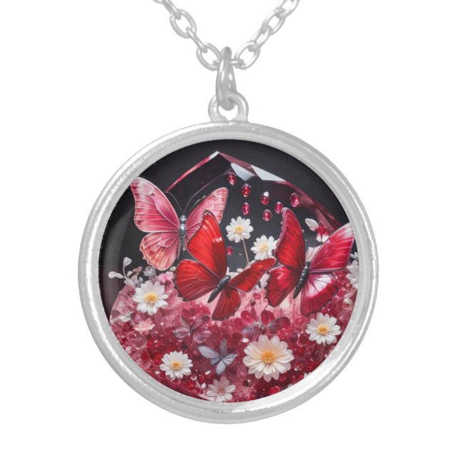 Crystal Ruby Garden Jewel Butterflies Silver Plated Necklace (Front)