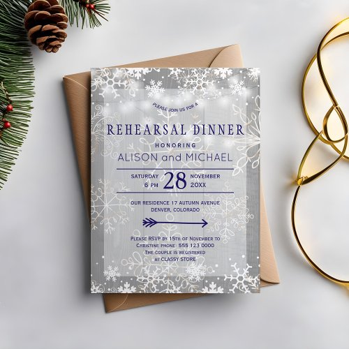 Crystal silver snowflakes winter rehearsal dinner invitation