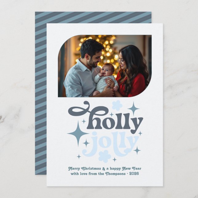 Crystal Snowfall Modern Blue Christmas Photo Holiday Card (Front/Back)