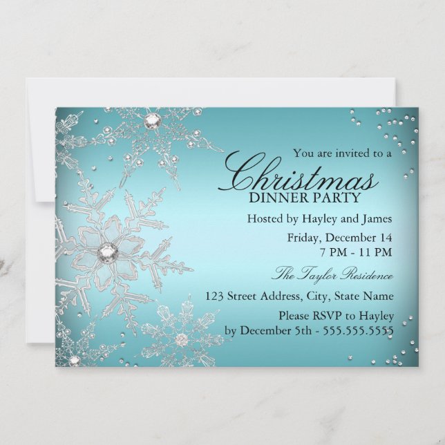 Crystal Snowflake Blue Christmas Dinner Party Invitation (Front)