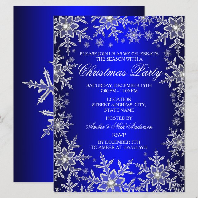 Crystal Snowflake Blue Christmas Party Invite (Front/Back)