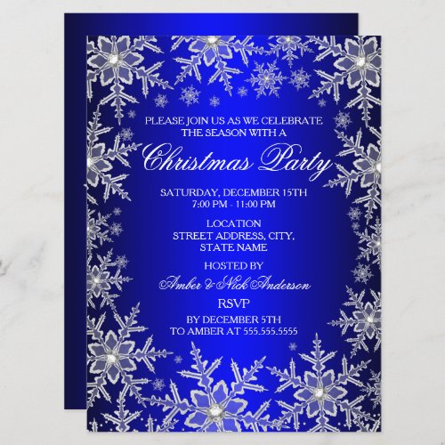 Crystal Snowflake Blue Christmas Party Invite