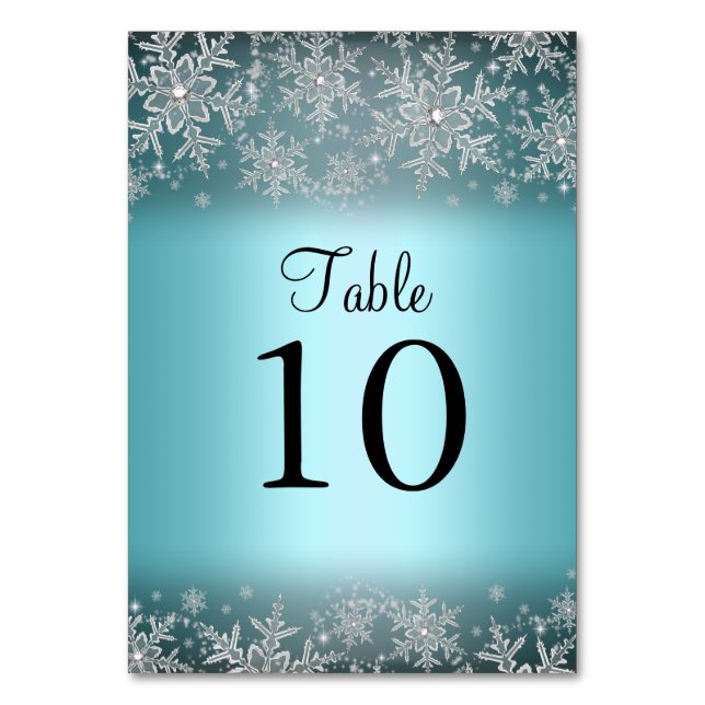Crystal Snowflake Blue Winter Table Number Card (Front)