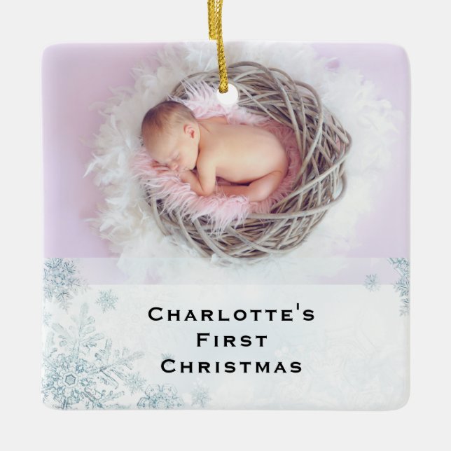 Crystal Snowflake  First Christmas Baby Photo Ceramic Ornament (Front)