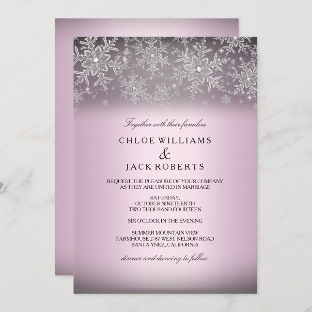Crystal Snowflake Pink Winter Wedding Invitation (Front/Back)