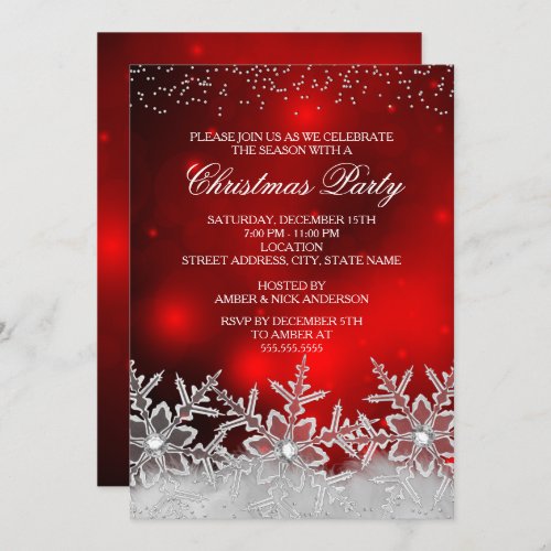 Crystal Snowflake Red Christmas Party Invite