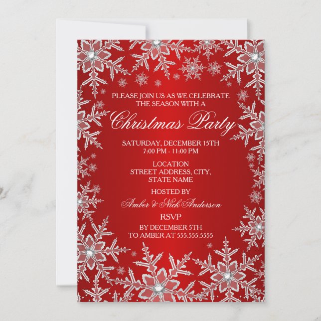 Crystal Snowflake Red Christmas Party Invite (Front)