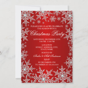 Crystal Snowflake Red Christmas Party Invite