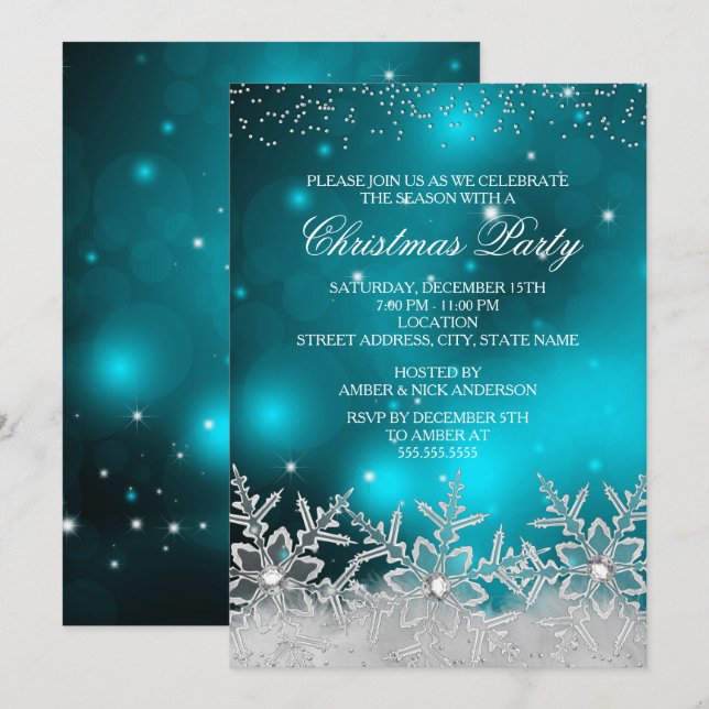Crystal Snowflake Teal Christmas Party Invite (Front/Back)
