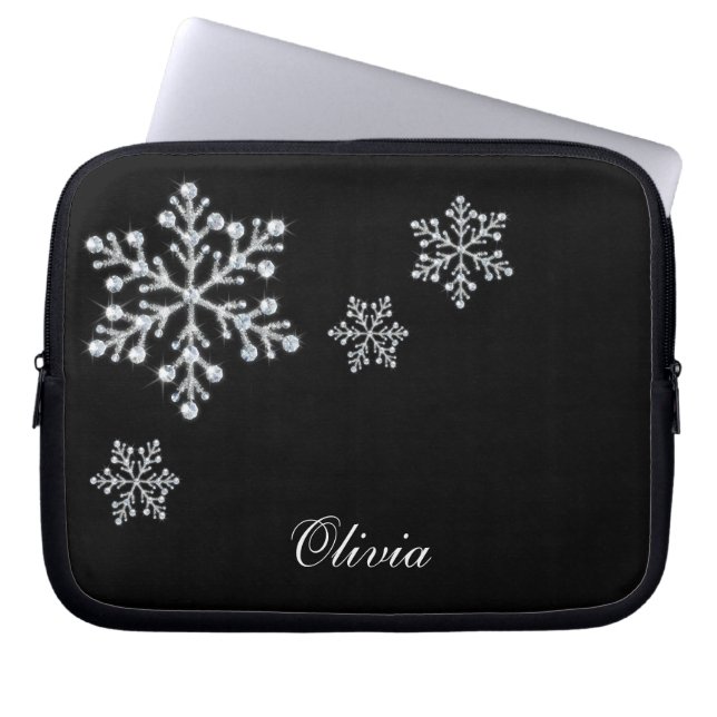Crystal Snowflakes Black Laptop Sleeve (Front)