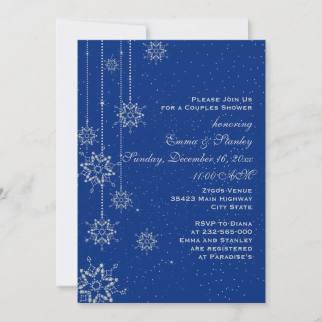 Crystal snowflakes blue wedding couples shower invitation (Front)
