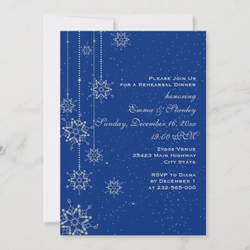 Crystal snowflakes blue wedding rehearsal dinner invitation