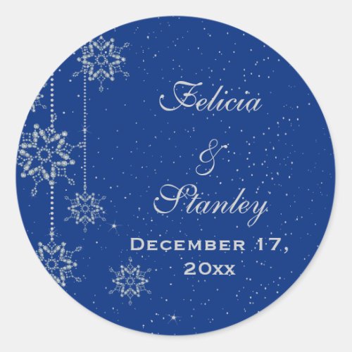 Crystal snowflakes blue wedding Save the Date Classic Round Sticker