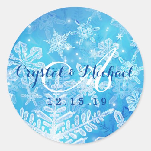 Crystal Snowflakes on Blue Winter Wedding Classic Round Sticker